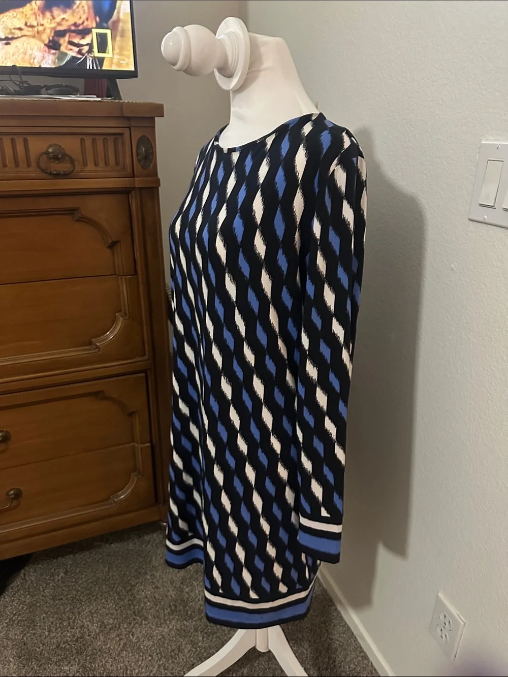 Michael Kors Blue, Black and White Long-Sleeve Printed Shift Dress